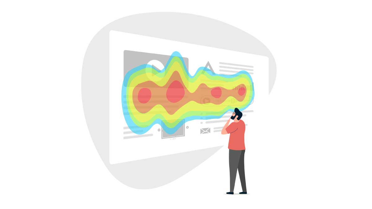 Illustration of a person studying a website heatmap and click map